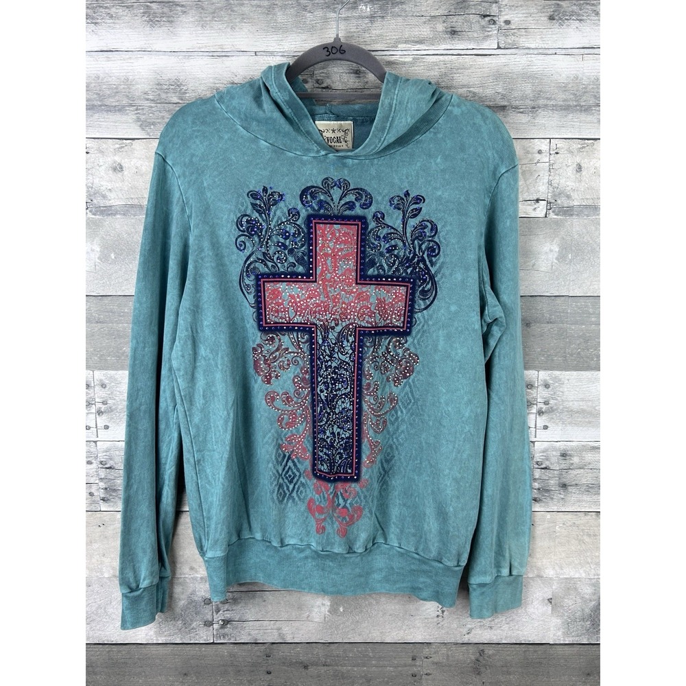 VOCAL Womens Teal MINERAL DYE CROSS WINGS HOODIE XL